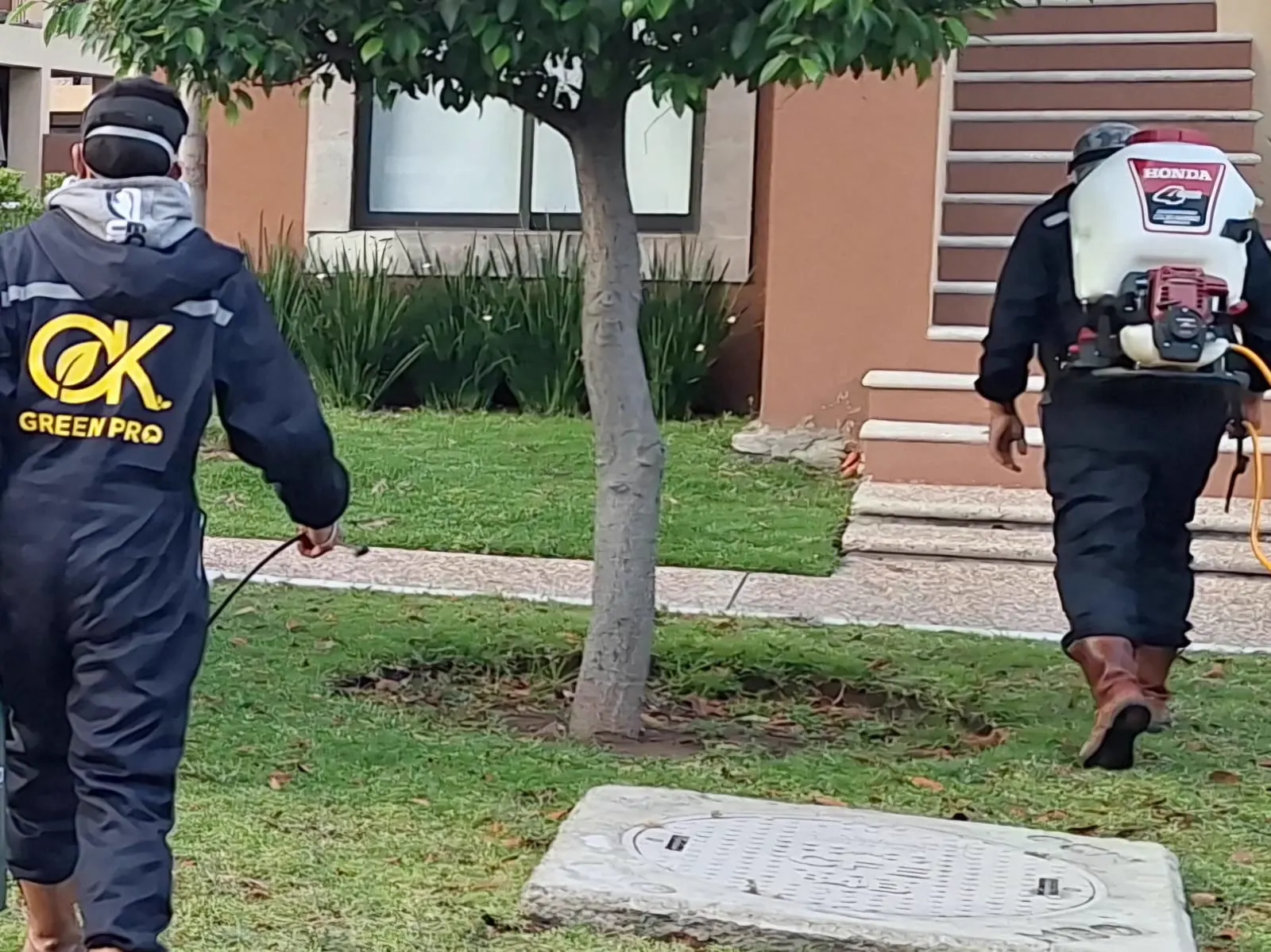 Dos técnicos con uniforme Green Pro aplicando control de plagas en un jardín